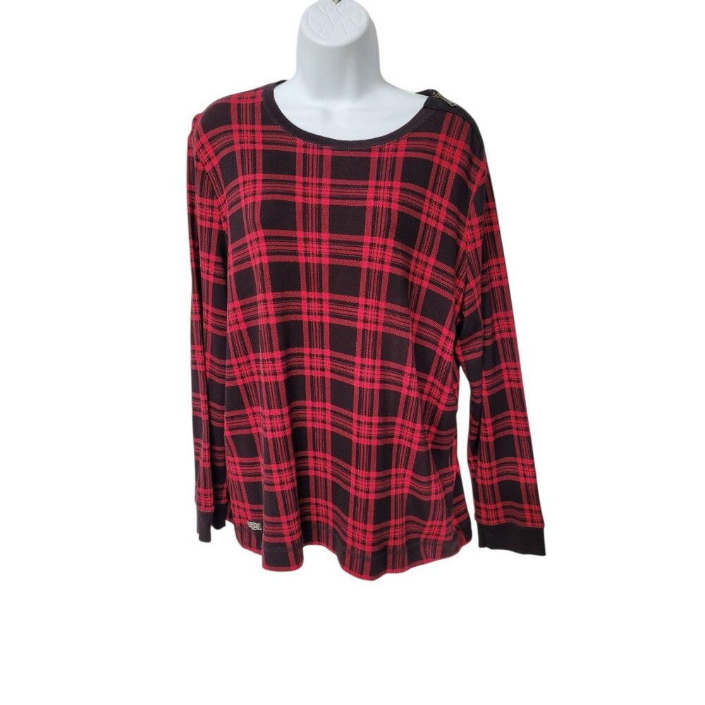 Ralph‎ Lauren Jeans Co Top Shirt Womens 1X Red Black Plaid Elbow Patches Zipper
